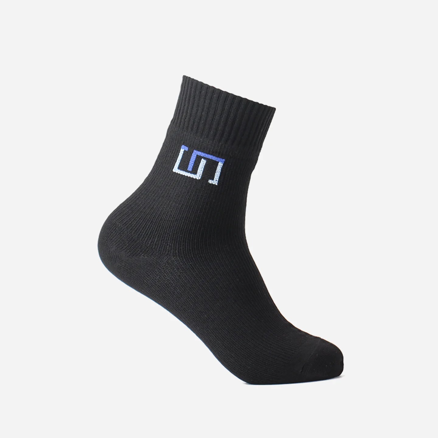 a black wudhu sock with The Wudhu Socks logo in blue on the upper part