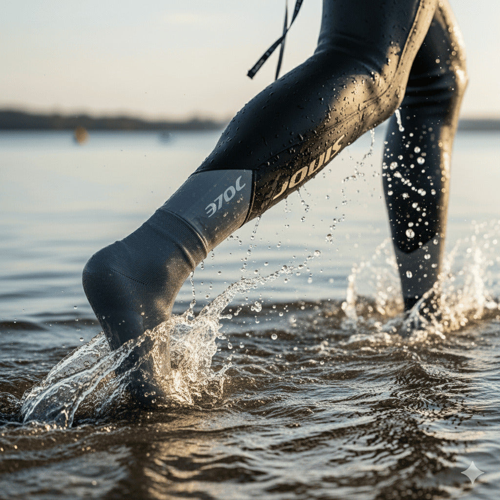 an athlete wearing waterproof socks running in the water