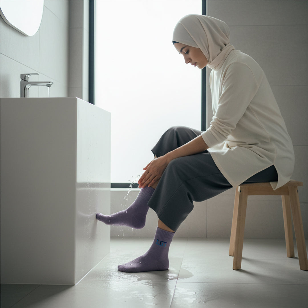 a woman sitting on a small stool wiping over soft lilac wudhu socks