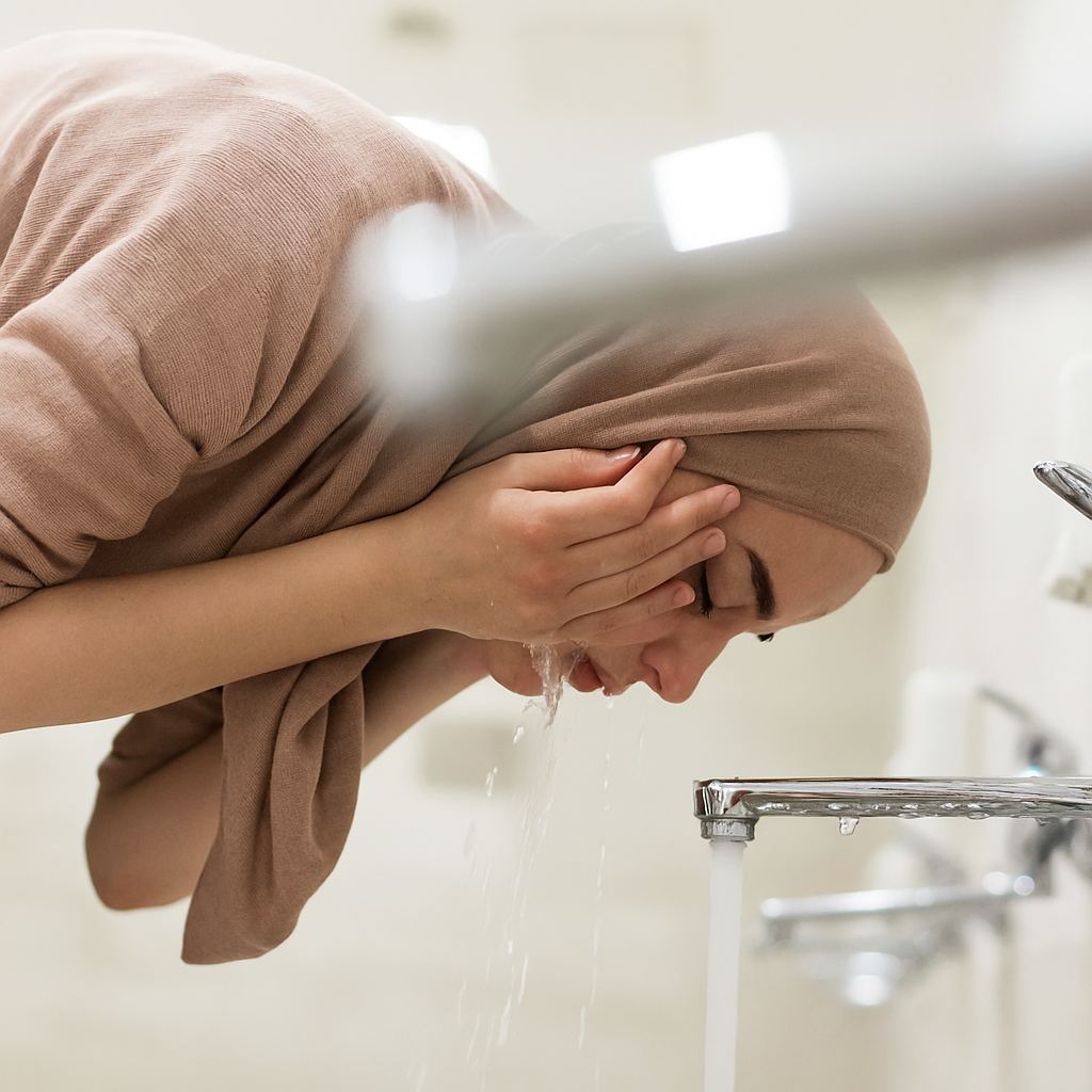 a woman performing wudhu from water coming out of a tap