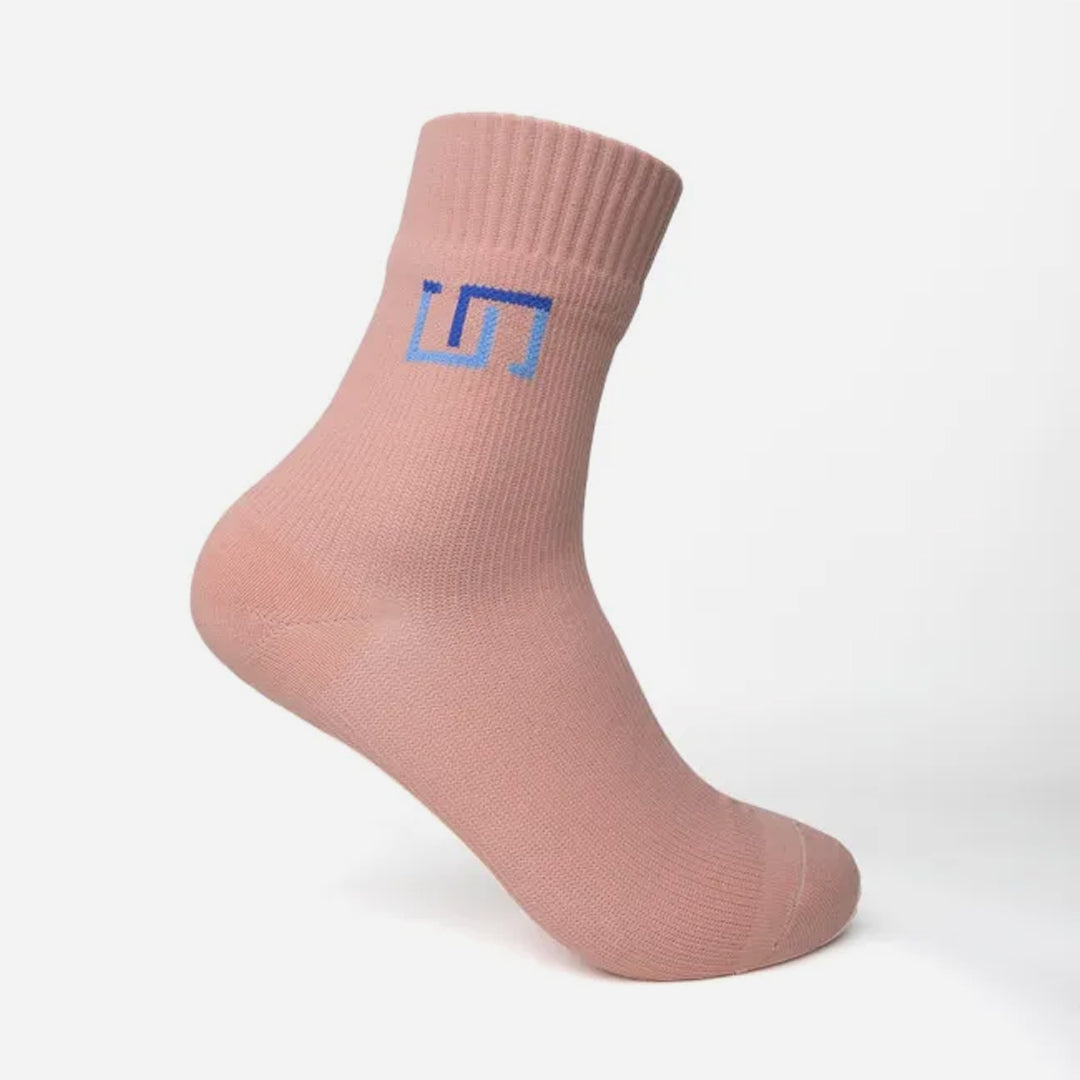 tea pink sock with a blue logo on a white background